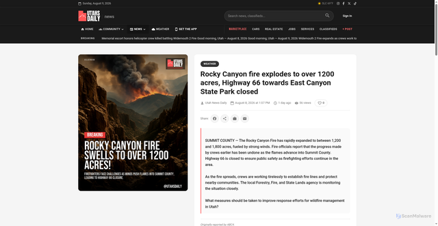 Security scan screenshot of https://utahsdaily.com/article?slug=rocky-canyon-fire-explodes-to-over-1200-acres-highway-66-towards-east-canyon-state-park-closed
