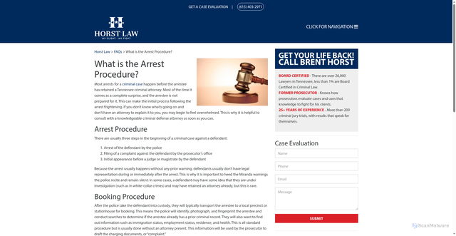 Security scan screenshot of https://www.criminalattorneysnashville.com/faqs/what-is-the-arrest-procedure/