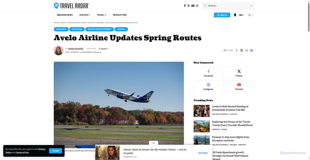 Security scan screenshot of https://travelradar.aero/avelo-airline-updates-spring-routes/