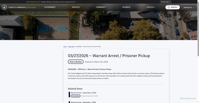 Security scan screenshot of https://townofharrison.com/m/newsflash/Home/Detail/1440