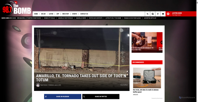 Security scan screenshot of https://987thebomb.com/amarillo-tx-tornado-takes-out-side-of-tootn-totum/