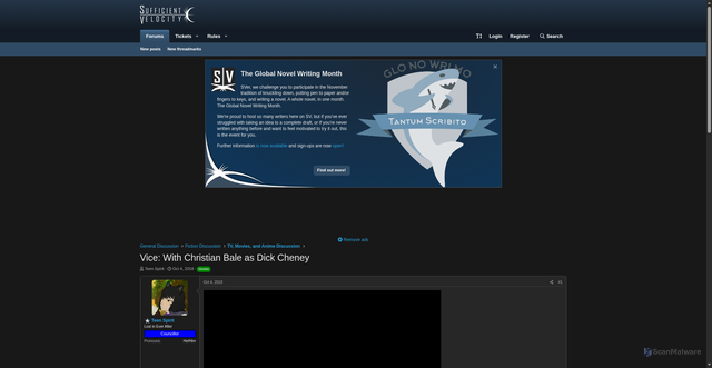 Security scan screenshot of https://forums.sufficientvelocity.com/threads/vice-with-christian-bale-as-dick-cheney.50757/