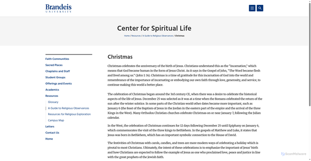 Security scan screenshot of https://www.brandeis.edu/spiritual-life/resources/guide-to-observances/christmas.html