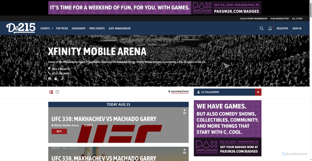 Security scan screenshot of https://do215.com/venues/xfinity-mobile-arena