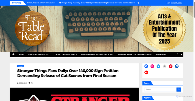 Security scan screenshot of https://www.thetablereadmagazine.co.uk/stranger-things-fans-rally-over-140000-sign-petition-demanding-release-of-cut-scenes-from-final-season/