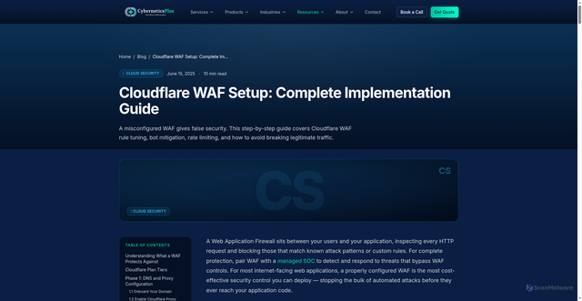 Security scan screenshot of https://cyberneticsplus-astro.pages.dev/blog/cloudflare-waf-implementation-guide