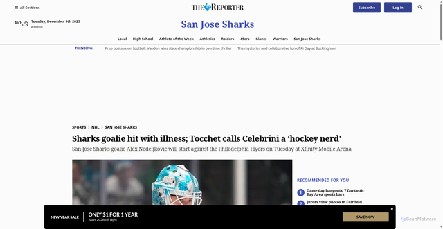 Security scan screenshot of https://www.thereporter.com/2025/12/09/sharks-nedeljkovic-to-make-rare-consecutive-starts-as-askarov-deals-with-illness/