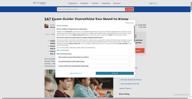 Security scan screenshot of https://www.bachelorsportal.com/articles/3344/sat-exam-guide.html