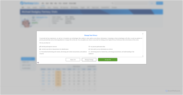 Security scan screenshot of https://fantasydata.com/nfl/michael-badgley-fantasy/20144