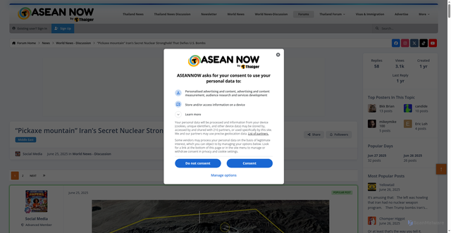 Security scan screenshot of https://aseannow.com/topic/1364757-%E2%80%9Cpickaxe-mountain%E2%80%9D-iran%E2%80%99s-secret-nuclear-stronghold-that-defies-us-bombs/
