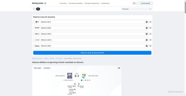Security scan screenshot of https://betting-insider.com/es/futbol/partidos/alianza-atletico-vs-sporting-cristal/