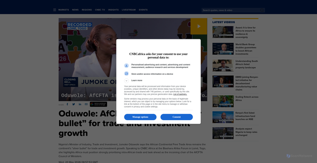 Security scan screenshot of https://www.cnbcafrica.com/media/7779266603330/oduwole-afcfta-is-africas-silver-bullet-for-trade-and-investment-growth