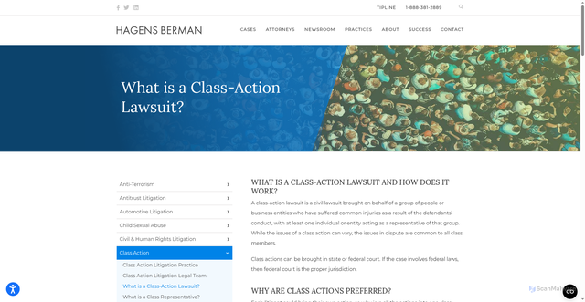 Security scan screenshot of https://www.hbsslaw.com/about/what-is-a-class-action-lawsuit