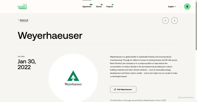Security scan screenshot of https://www.theclimatepledge.com/content/amazonclimatepledge/us/en/Signatories/weyerhaeuser.html