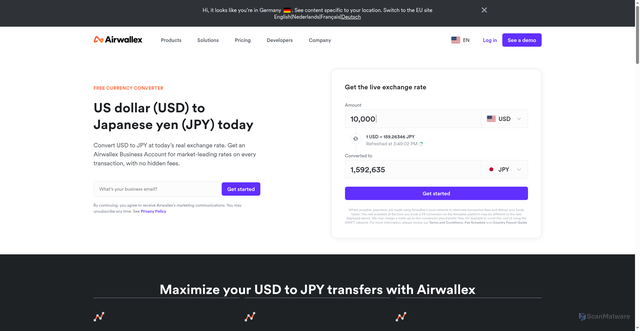 Security scan screenshot of https://www.airwallex.com/en-us/usd-to-jpy-converter