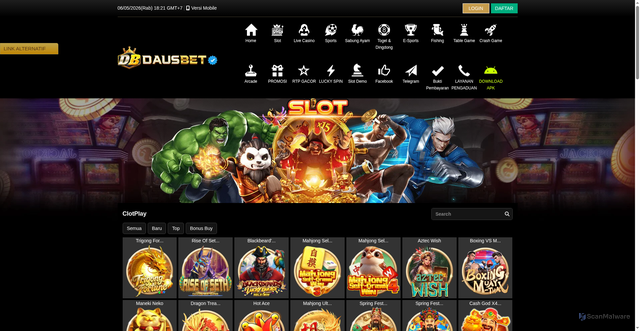 Security scan screenshot of https://dausbetkuberani1.click/desktop/game/slot/clotplay