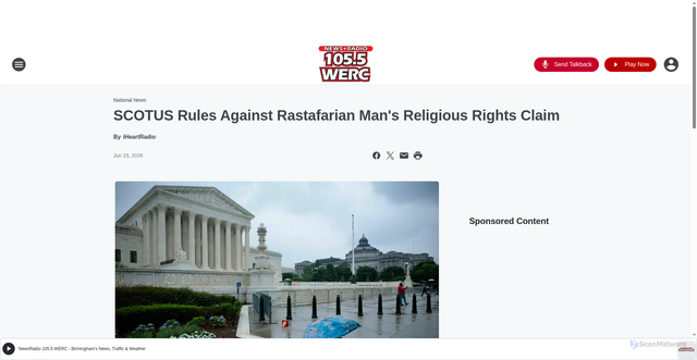 Security scan screenshot of http://www.wercfm.com/content/2026-06-23-scotus-rules-against-rastafarian-mans-religious-rights-claim/