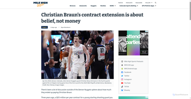 Security scan screenshot of https://milehighsports.com/christian-braun-extension-is-about-belief-not-money-denver-nuggets-nba/