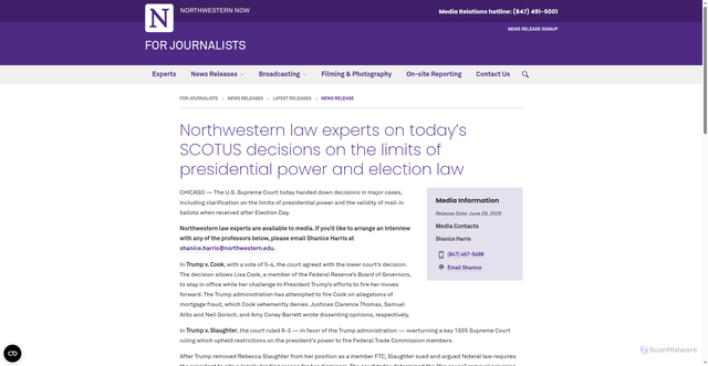 Security scan screenshot of https://news.northwestern.edu/stories/2026/06/northwestern-law-experts-on-todays-scotus-decisions-on-the-limits-of-presidential-power-and-election-law?fj=1