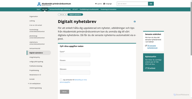 Security scan screenshot of https://www.akademisktprimarvardscentrum.se/om-oss/digitalt-nyhetsbrev/