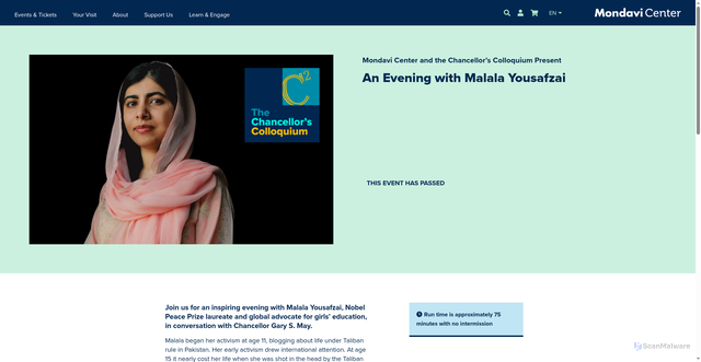 Security scan screenshot of https://www.mondaviarts.org/whats-on/malala-yousafzai/