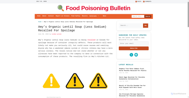 Security scan screenshot of https://foodpoisoningbulletin.com/2026/amys-organic-lentil-soup-less-sodium-recalled-for-spoilage/