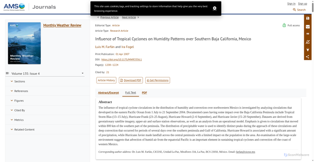 Security scan screenshot of https://journals.ametsoc.org/view/journals/mwre/135/4/mwr3356.1.xml