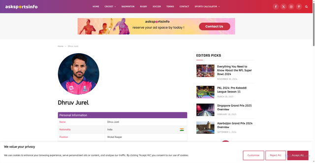 Security scan screenshot of https://www.asksportsinfo.com/cricket/player/dhruv-jurel/