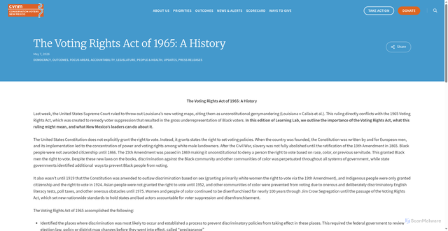 Security scan screenshot of https://cvnm.org/the-voting-rights-act-of-1965-a-history/