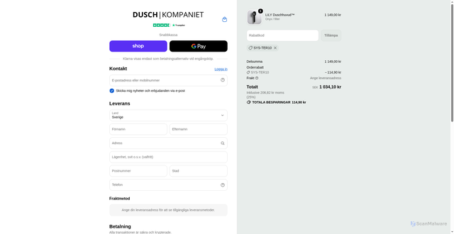 Security scan screenshot of https://duschkompaniet.se/checkouts/cn/hWNFpmj7tLsI0A1gD2w2vThG/sv-se?_r=AQABjMxOoC8rLocou6oKnIwf9_dc2cthYo1Laa4jeMH_&auto_redirect=false&discount=SYS-TER10&edge_redirect=true&skip_shop_pay=true&_su_rec=8_7UovT9lbpQC-b4IWBEm8PDpG8kKh4_5SBOuoJvOdzwHTF5nquUqbjunntjRJOAkVBBGuxyzSHwSTPp5m0v6MQQILTEid_8SM3HxVPnKdvK_33tyRrxeODJHI0kw-2_RVBeLPm-c0DdHiWHr0rrxrH5TIIim8k