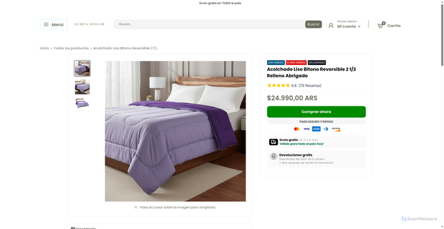Security scan screenshot of https://aureahogar.shop/products/acolchado-liso-bitono-reversible-2-1-2-relleno-abrigado-1