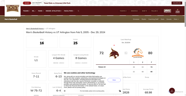 Security scan screenshot of https://txst.com/sports/mens-basketball/opponent-history/ut-arlington/25
