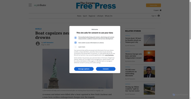 Security scan screenshot of https://www.corowafreepress.com.au/world/boat-capsizes-near-statue-of-liberty-baby-drowns/