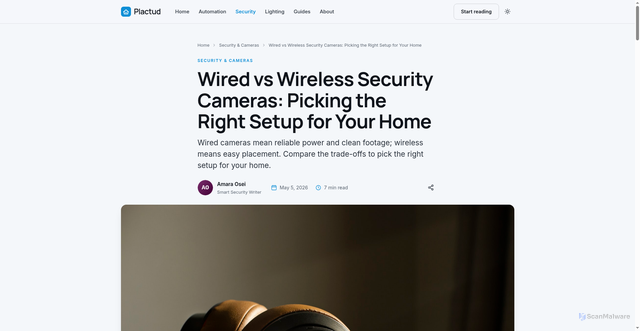 Security scan screenshot of https://plactud.pages.dev/wired-vs-wireless-security-cameras/