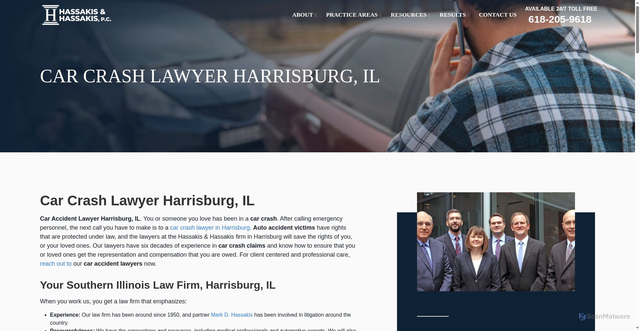 Security scan screenshot of https://hassakislaw.com/car-crash-lawyer/harrisburg-il/