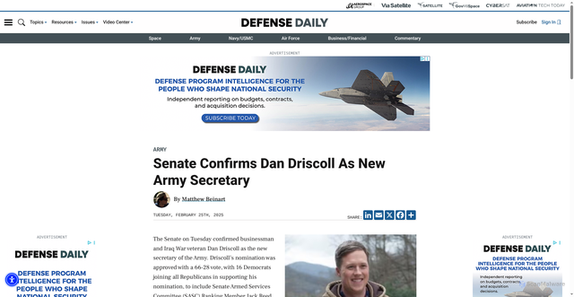 Security scan screenshot of https://www.defensedaily.com/senate-confirms-dan-driscoll-as-new-army-secretary/army/