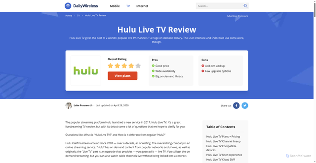 Security scan screenshot of https://dailywireless.org/tv/hulu-live-tv-review/
