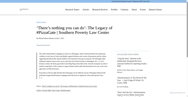 Security scan screenshot of https://mediawell.ssrc.org/news-items/theres-nothing-you-can-do-the-legacy-of-pizzagate-southern-poverty-law-center/