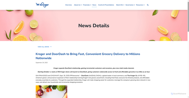 Security scan screenshot of https://ir.kroger.com/news/news-details/2025/Kroger-and-DoorDash-to-Bring-Fast-Convenient-Grocery-Delivery-to-Millions-Nationwide/default.aspx