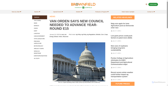 Security scan screenshot of https://www.brownfieldagnews.com/news/van-orden-says-new-council-needed-to-advance-year-round-e15/