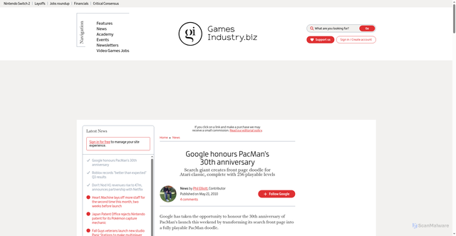 Security scan screenshot of https://www.gamesindustry.biz/google-honours-pacmans-30th-anniversary