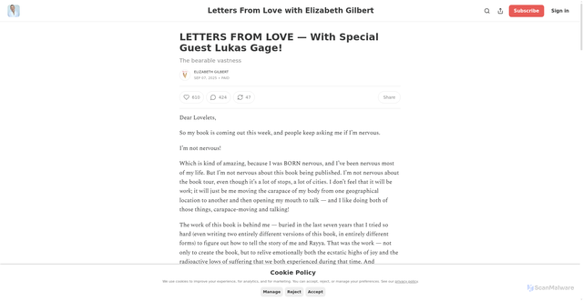 Security scan screenshot of https://elizabethgilbert.substack.com/p/letters-from-love-with-special-guest-3c6