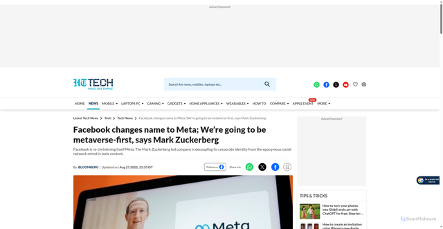 Security scan screenshot of https://tech.hindustantimes.com/tech/news/facebook-changes-name-to-meta-we-re-going-to-be-metaverse-first-says-mark-zuckerberg-71635446738611.html