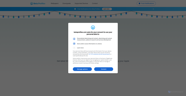 Security scan screenshot of https://betaprofiles.com/install/ios-26/