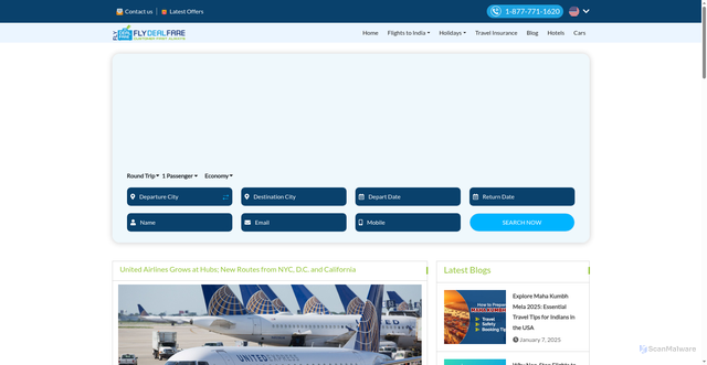 Security scan screenshot of https://flydealfare.com/updates/united-airlines-grows-hubs-new-routes-nyc-d-c-california/