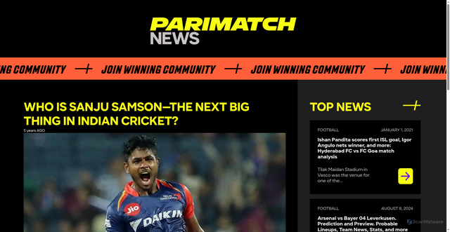 Security scan screenshot of https://parimatchnews.com/cricket/who-is-sanju-samson-the-next-big-thing-in-indian-cricket/