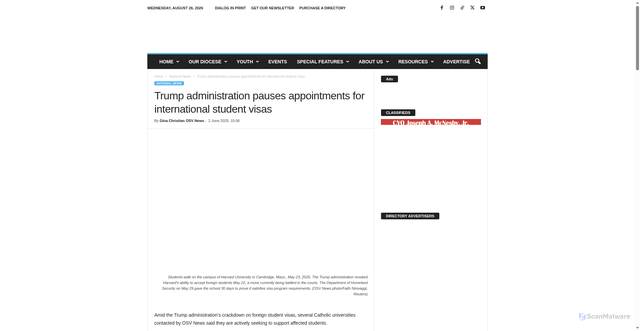 Security scan screenshot of https://thedialog.org/national-news/trump-administration-pauses-appointments-for-international-student-visas/