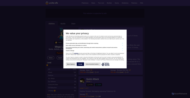 Security scan screenshot of https://unite-db.com/pokemon/mega-lucario