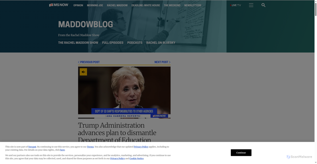 Security scan screenshot of https://www.ms.now/rachel-maddow-show/maddowblog/trump-administration-advances-plan-dismantle-department-education-rcna244819