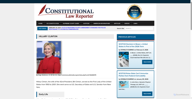 Security scan screenshot of https://constitutionallawreporter.com/great-american-biographies/hillary-clinton/